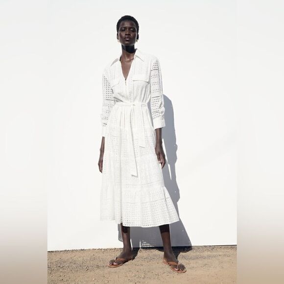 ZARA NWT WOMAN V-NECK OPENWORK EMBROIDERED MIDI DRESS WHITE ZIP - Picture 2 of 7